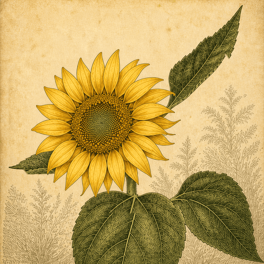 A hand-tinted nineteenth-century botanical plate in which a sunflower gradually opens from a tight bud into a full bloom.