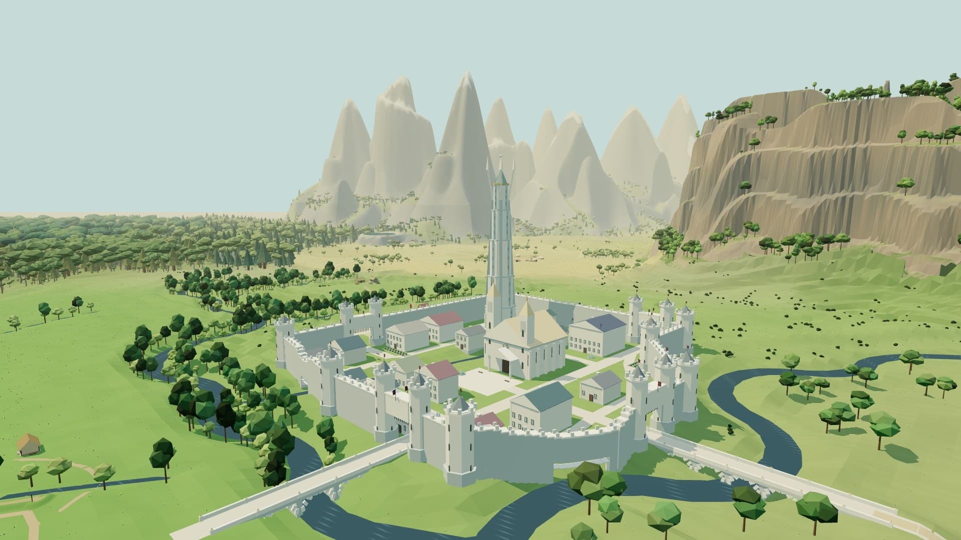 The white-walled city of Minora and its Guild tower in Azhora, with mountains rising behind it.