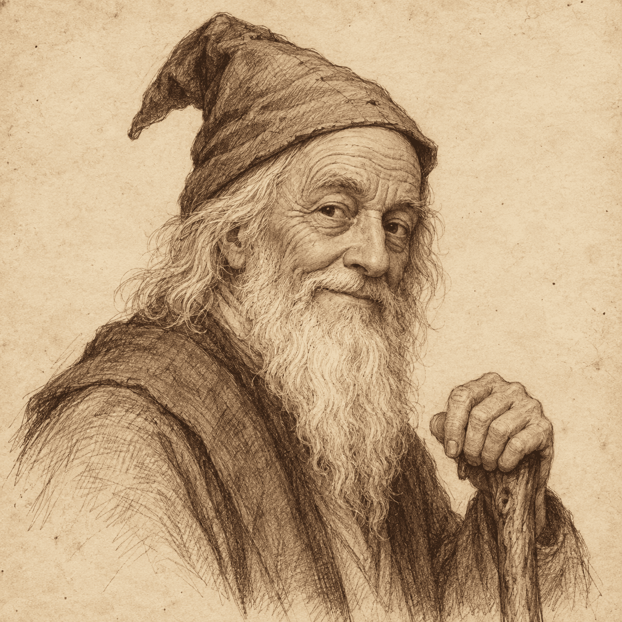Pencil portrait of Clio's First Adviser, a bearded sage in a pointed hat