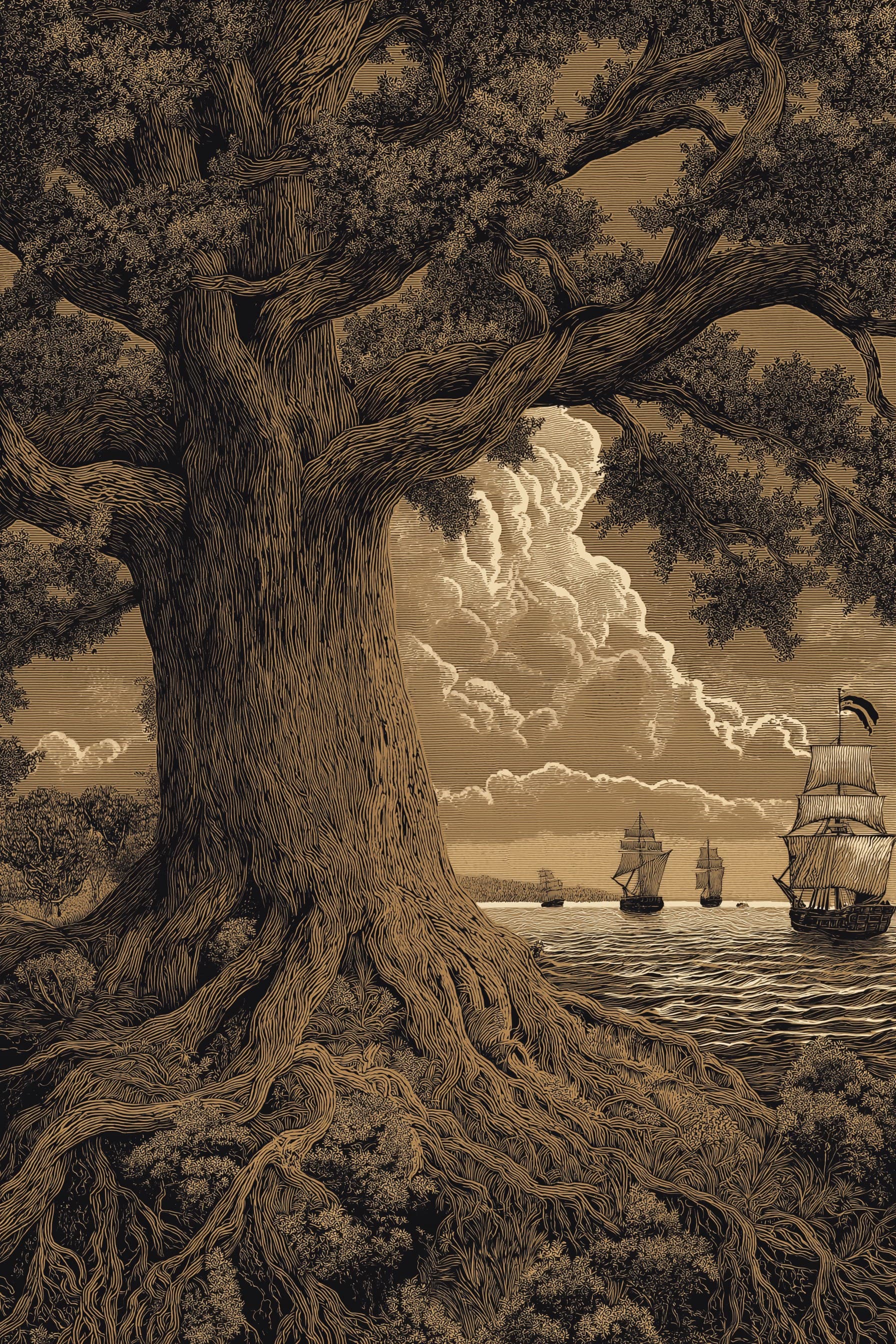 Cover art for Cradle of the Empire: A Big History of Virginia, showing a great oak on a riverbank with tall ships passing on the water beyond