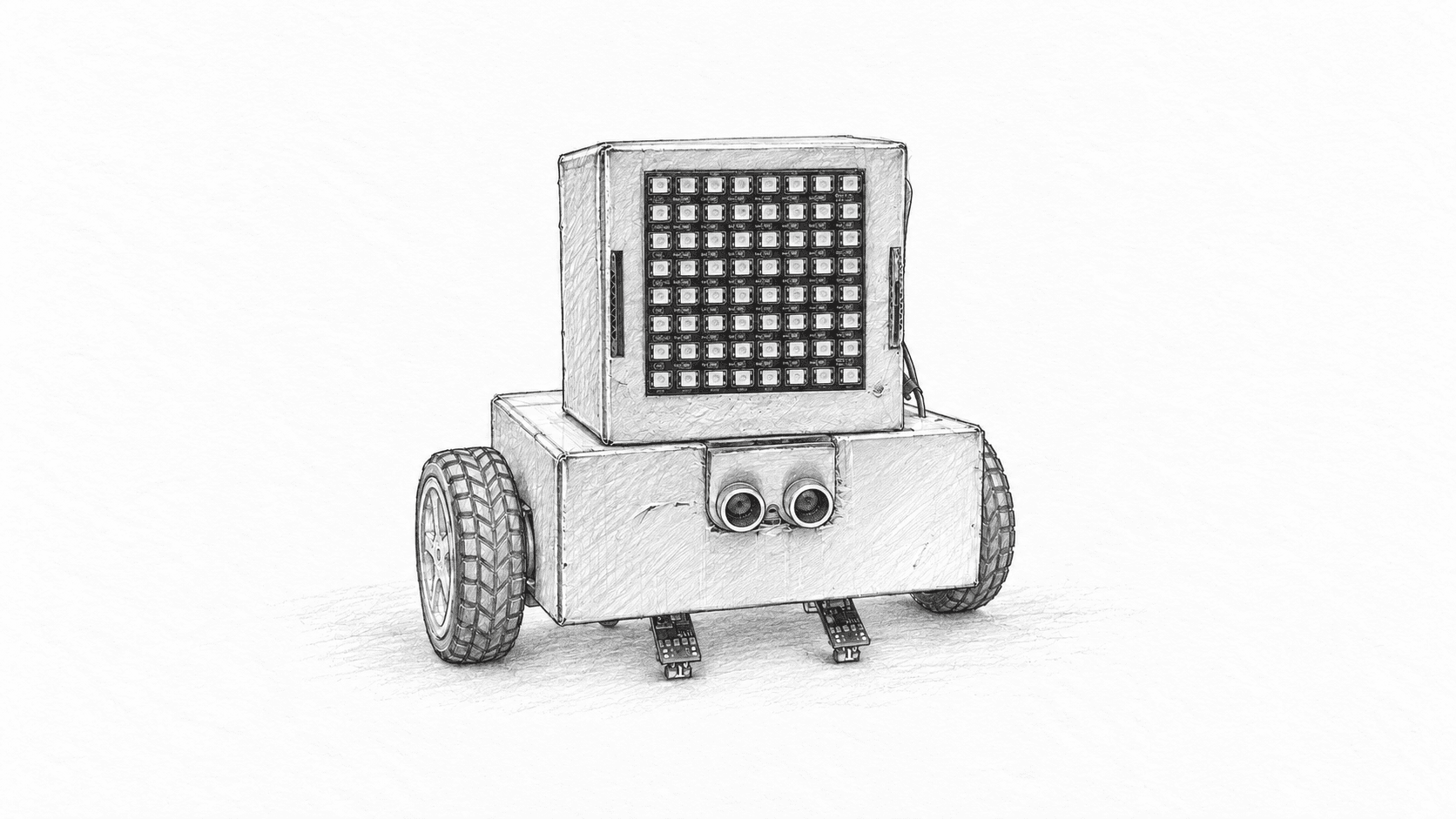 Graphite pencil drawing of Crombot One in his box shell, with an LED matrix, paired ultrasonic sensors, and two wheels