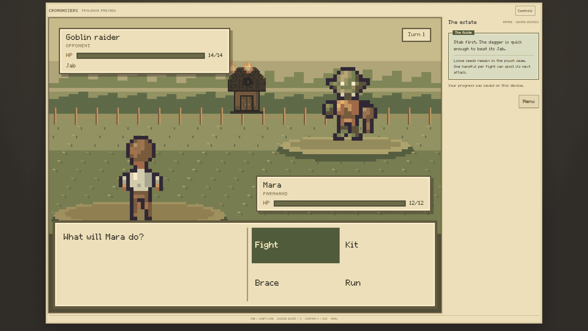A farmhand facing a goblin raider in Cromonsters' estate battle