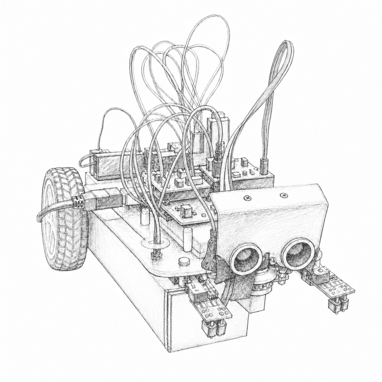 Graphite drawing of Crombot 1, a small cardboard robot car with sensor eyes, exposed electronics, wheels, and looping jumper wires.