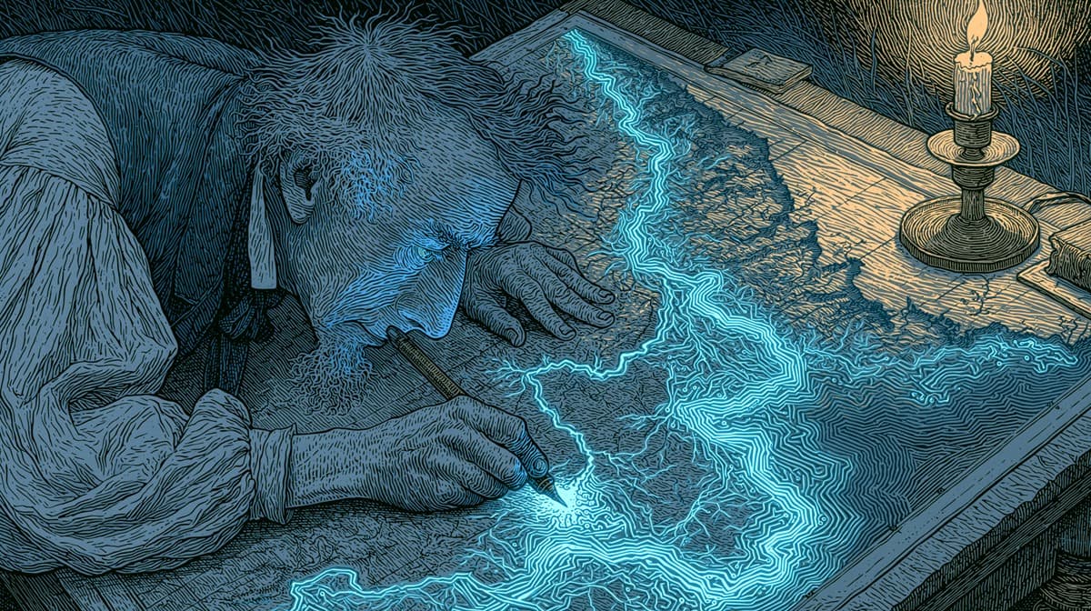 Engraving-style illustration of a cartographer drawing a glowing blue map by candlelight