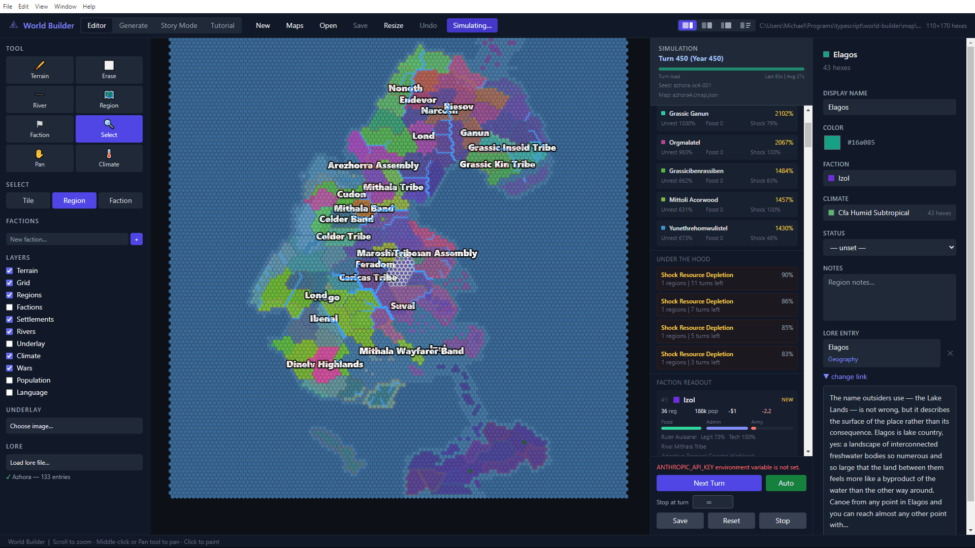 World Builder simulation view showing Azhora at turn 450