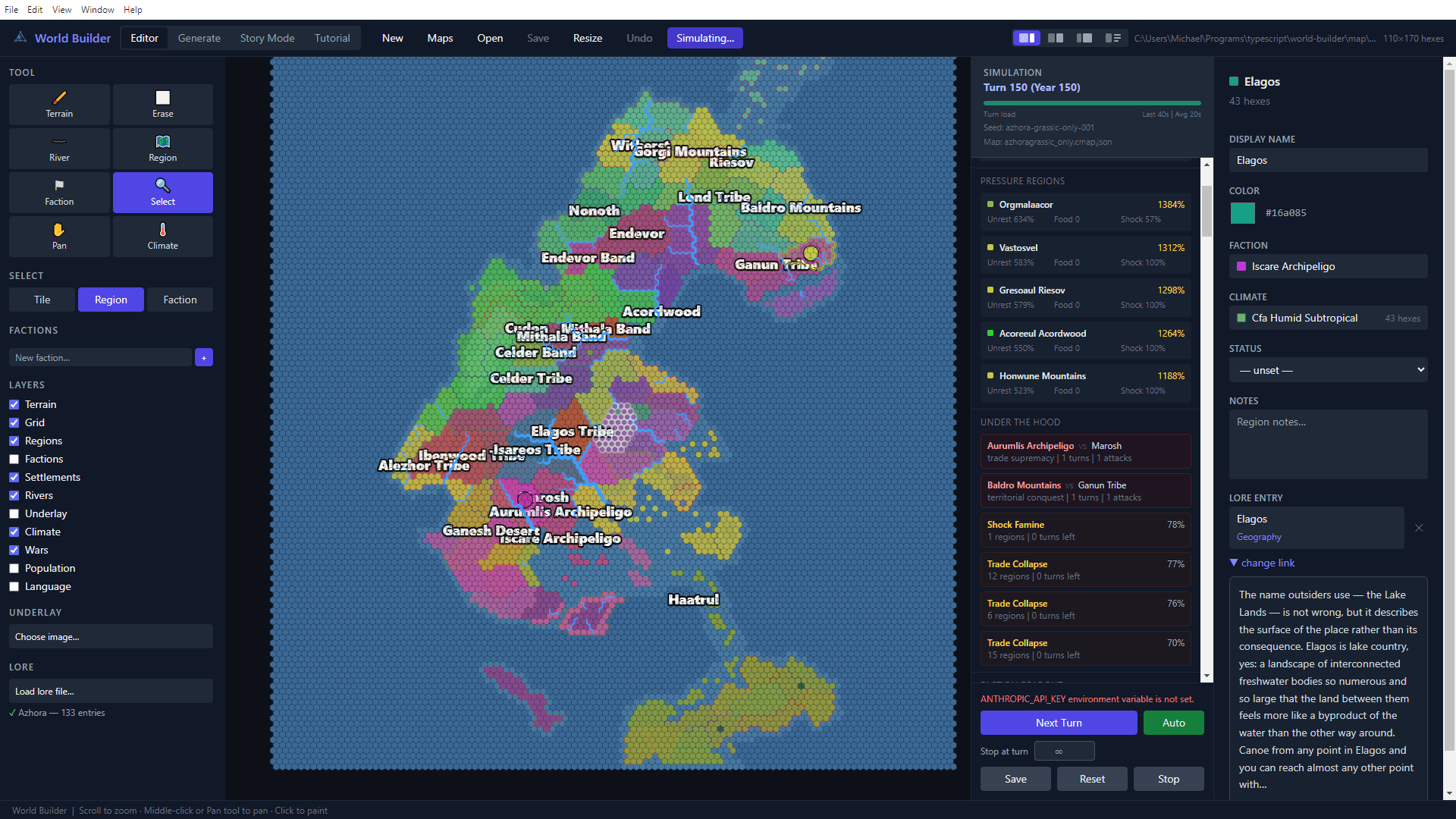 World Builder simulation view showing the single-civilization Azhora run at turn 150