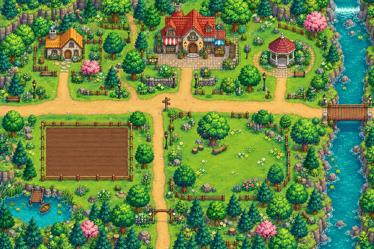 Stardate Valley: a pixel-art farm, cottages, flower gardens, and a wooden bridge over a turquoise river