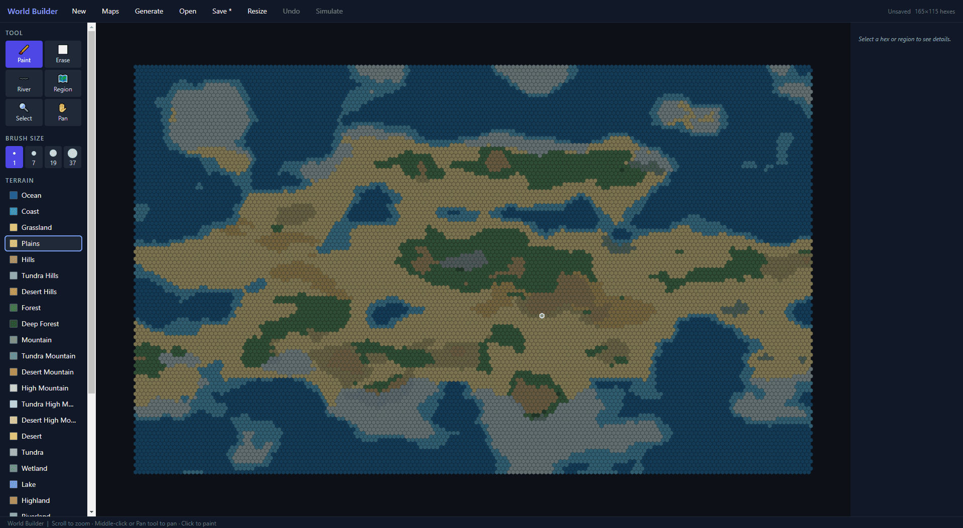 A randomly generated hex map in World Builder