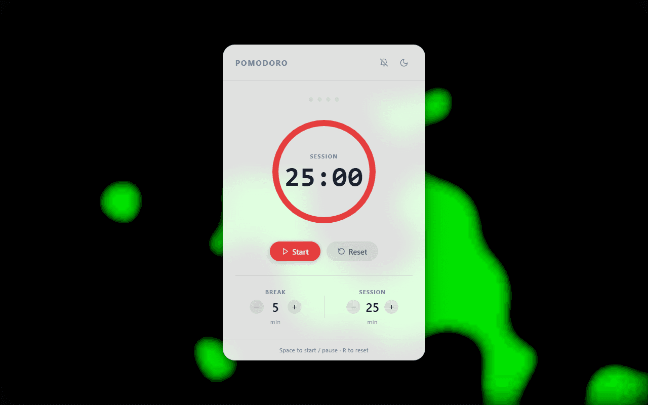 Pomodoro Clock showing a 25-minute session timer with a green lava lamp background