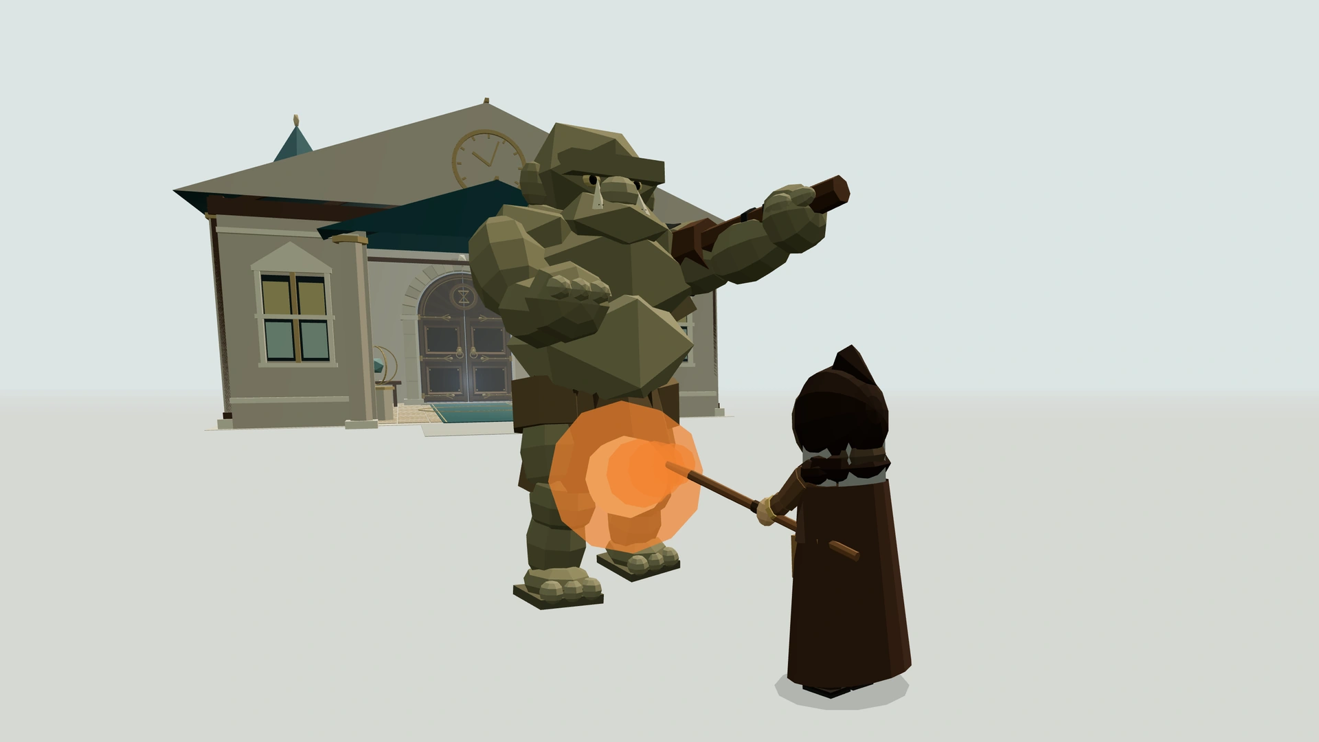 In-game capture of brown-robed Teresod confronting an ogre in Azhora’s misty Spirit and Time Realm.
