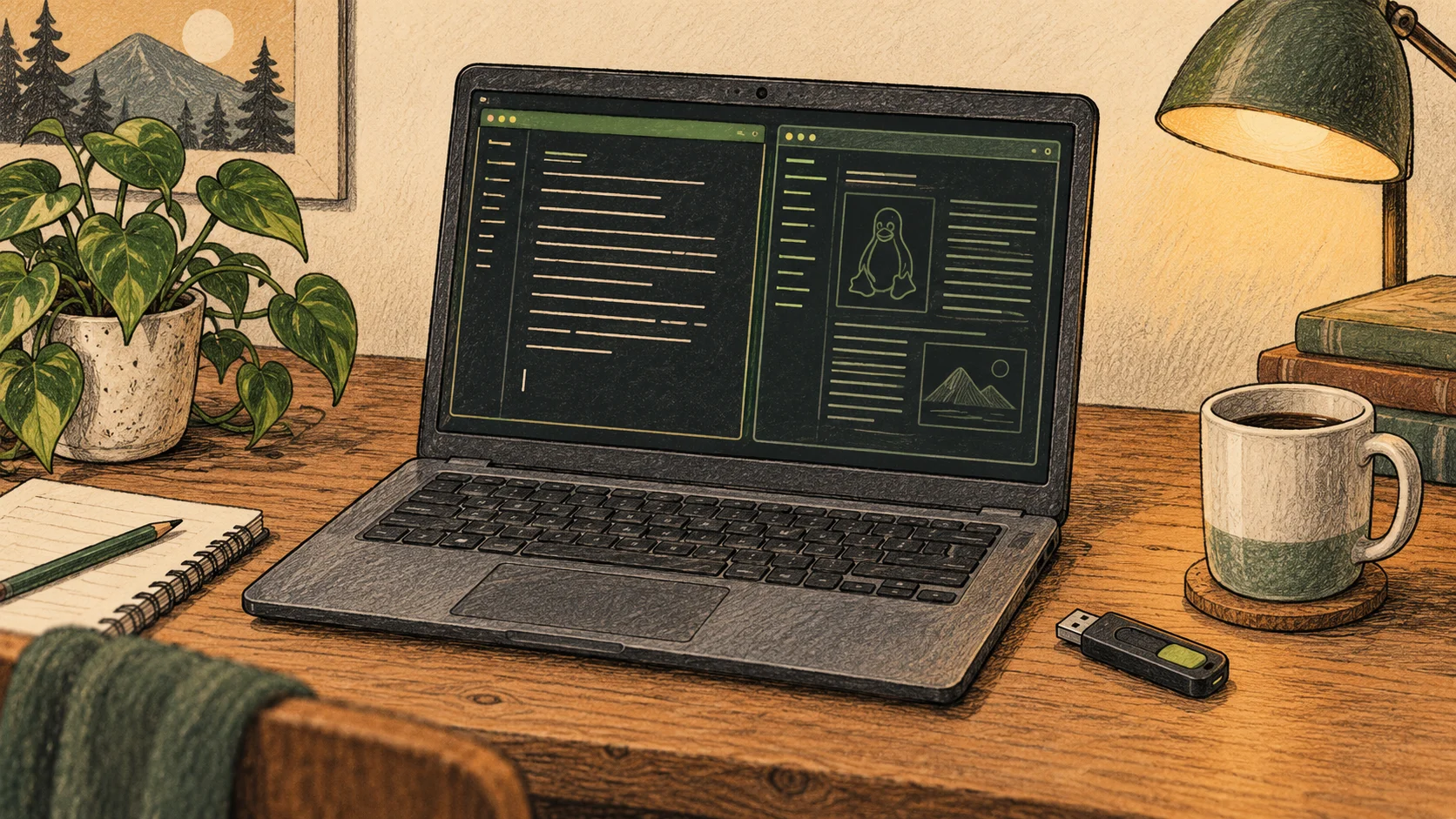 Retro-style illustration of a laptop with two tiled windows on a writing desk, with a USB stick beside it.