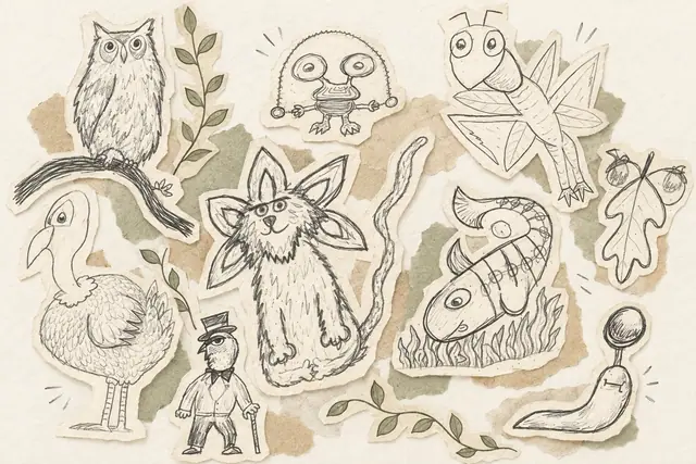 Pencil-drawn creatures, an owl, a leaf-eared cat, a curled fish, and leafy sprigs overlap like paper scraps on an ivory background.