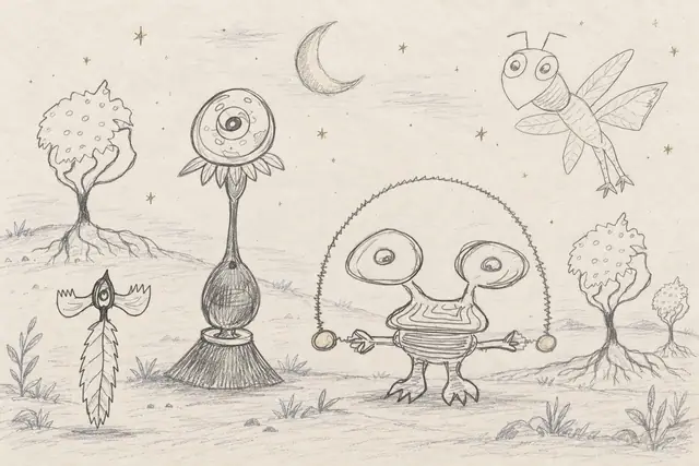 An eye-flower, feathered eye, round wide-eyed creature, and smiling winged insect inhabit a garden of rooted spore trees beneath a crescent moon and stars.