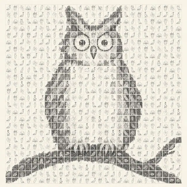 A square grid of tiny doodles forms a large dark owl perched on a branch, with pale tiles defining its face and belly.