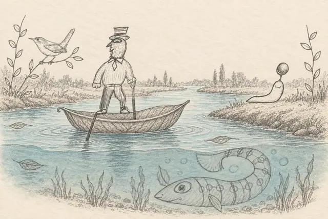 A one-eyed gentleman in a top hat stands in a leaf boat on a blue river, above a curled fish, while a wren and an orb-balancing slug watch from the banks.