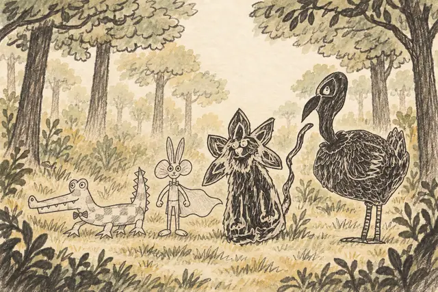 A bow-tied crocodile, caped rabbit, leaf-eared cat, and tall feathered bird gather in a softly colored woodland clearing.