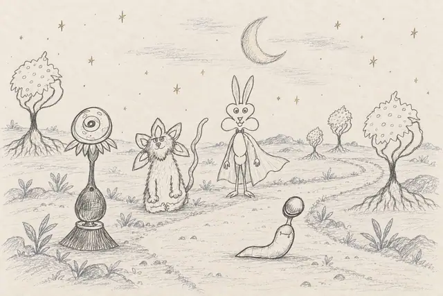 A leaf-eared cat, caped rabbit, and orb-balancing slug meet beside a winding path, with an eye-flower and rooted spore trees under a sparse starry sky.