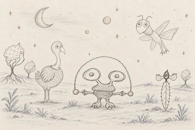 A wide-eyed orb juggler, tall feathered bird, winged insect, and feathered eye share a lightly sketched meadow beneath small moons and stars.
