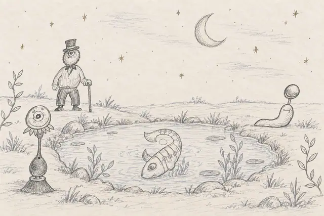 A curled fish floats in a pale blue pencil pond while a top-hatted one-eyed gentleman, orb-balancing slug, and eye-flower watch beneath a crescent moon.