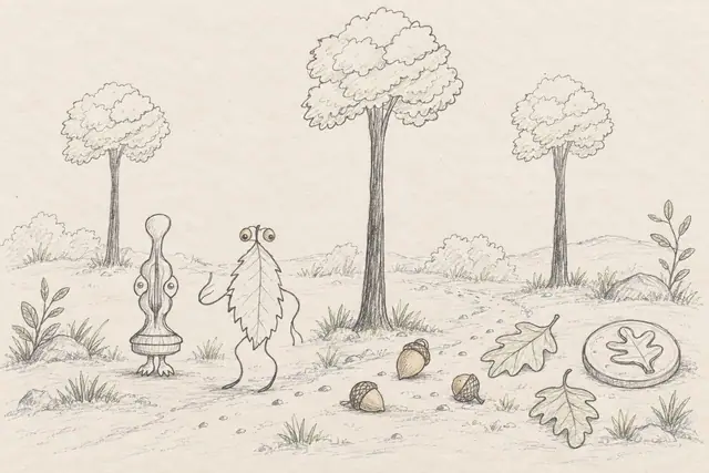 An acorn-eyed leaf walker and an instrument-shaped creature visit a small orchard of cloud-canopy trees and fallen acorns.