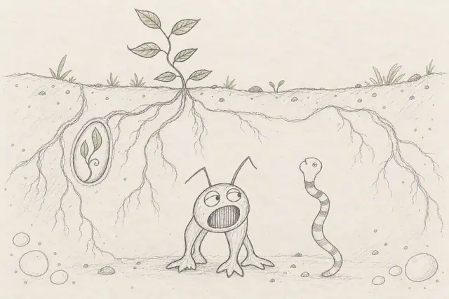 A wide-mouthed antenna creature and striped worm meet beneath fine garden roots beside a seedling in an oval.