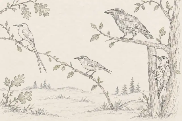 A raven, long-tailed flycatcher, red-eyed vireo, and common flicker occupy lightly drawn branches above tiny firs and a few oak leaves.