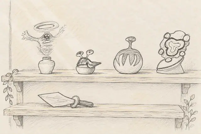 A toothed round vessel, little portal on a pedestal, haloed creature in a vase, leaf-shaped dagger, and two-leaf sprout sit on lightly sketched shelves.