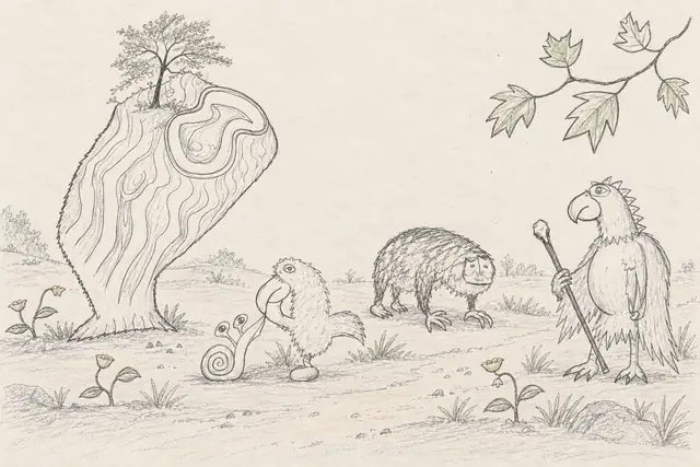 A towering woodgrain bird crowned by a tree overlooks a staff-carrying bird, a parrot greeting a spiral snail, and a shaggy sloth in a clearing edged with leaves and small flowers.