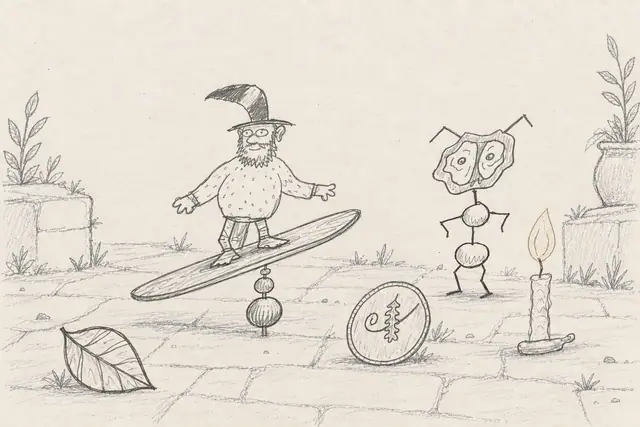 A bearded wizard balances on his long board in a lightly sketched courtyard while an angular wide-eyed antenna bug watches beside a candle and an oak medallion.