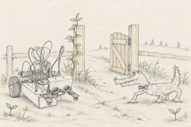 A small robot car with sensor eyes and looping wires meets a bow-tied crocodile at a lightly drawn garden gate framed by vines and little sprouts.