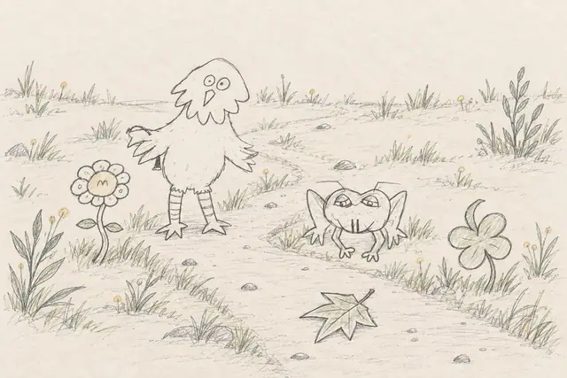 A leafy bird in striped legs and a sleepy-eyed frog pause on a winding meadow path lined with tiny daisies and clover.