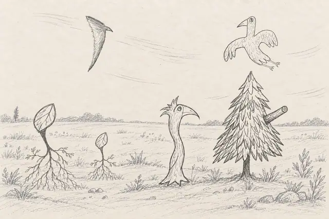 A long-necked crested bird shelters beside an ink evergreen while two different notebook birds cross above a sparse field of rooted seed plants.