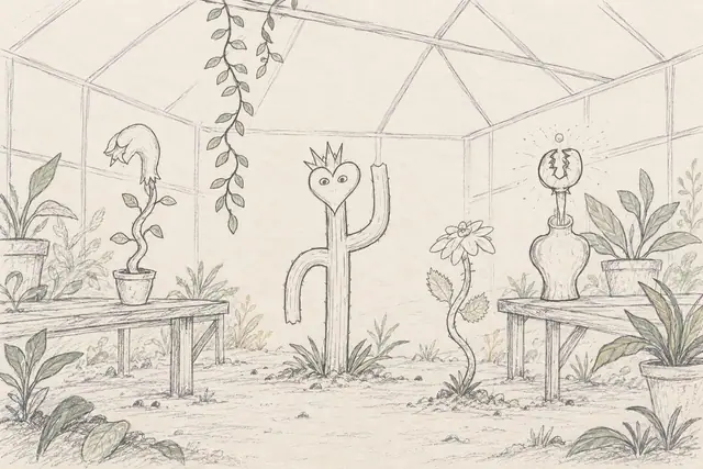 Pencil doodles of a beak-shaped plant, split seed bloom, and crowned heart cactus sharing a spare greenhouse.