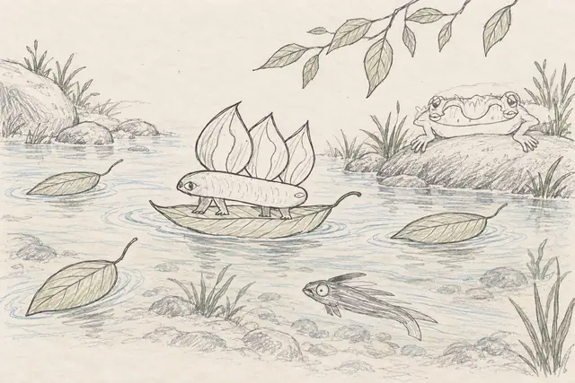 A creature with three tall sails rides a pointed leaf through pale blue water, while a broad grinning frog watches from a rock and a long-finned fish swims below.