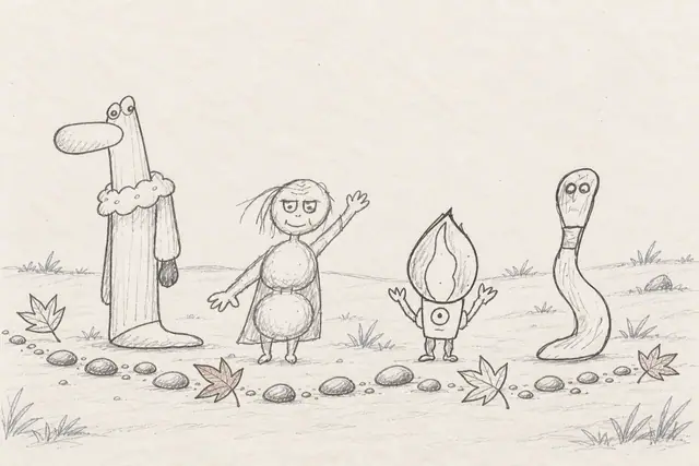 Four unusual pencil figures, including a robed long-snouted character and a small flame-headed person, line up behind a curving row of pebbles and pointed leaves.