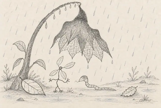 A striped spiral-eyed worm and a root-footed four-leaf figure take shelter beneath a hanging bell flower while fine pencil rain falls around scattered leaves.