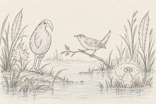 A hook-beaked feathered bird and Carolina wren watch an antenna creature at the edge of a sparse reedbed, surrounded by feather-shaped and lobed leaves.