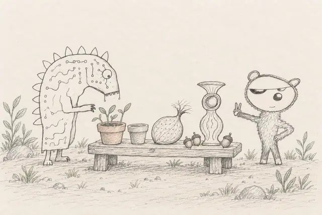 A circuit-patterned creature and a round-eared peace-sign character stand beside a low potting bench holding sprouts, a veined seed, acorns, and a vase with a circular opening.