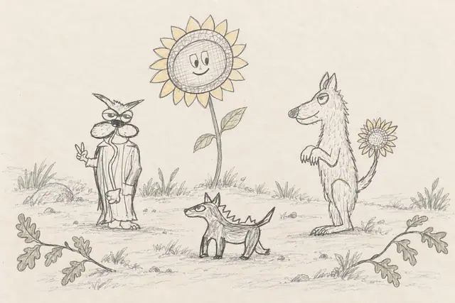 A dapper cat and an upright wolf with a sunflower on its tail meet beside a smiling sunflower, with a small spiky-backed dog and oak sprigs in the foreground.