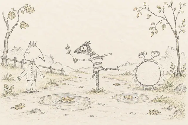 A striped balancing animal stands on one leg beside a big-mouthed eyestalk creature and a bow-tied bird person, with oak-leaf puddles and a winding pencil path.