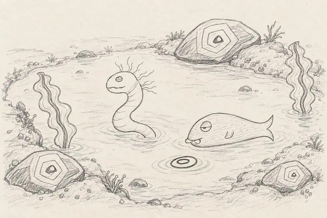 A sleepy tongue-out fish and a whiskered serpent share a shallow pencil tidepool bordered by ring-patterned stones and wavy ribbon leaves.