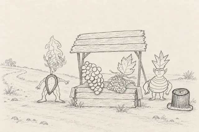 A leaf-crowned round vendor and a flame-headed shield character meet at a small wooden roadside stall displaying grapes and a cluster of eye-berries.
