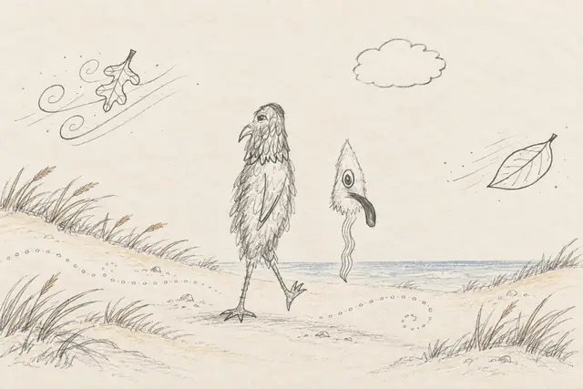 A shaggy long-legged bird and a tongue-tipped eye feather cross pale coastal dunes amid windblown leaves.