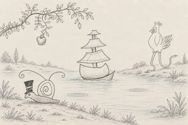 Pencil scene: A quiet little river crossing, with a top-hatted snail waiting on the bank while an improbable two-serpent-legged rooster waits beside a three-sailed boat.