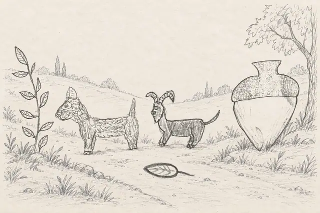 A leaf-scaled animal and small horned goat beside a giant acorn on a pale pencil woodland path.