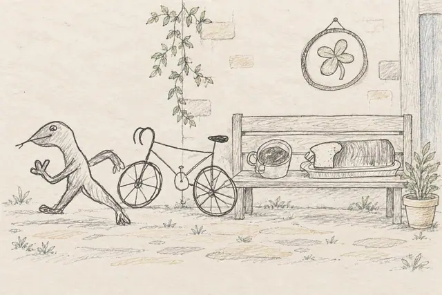 A running beaked doodle passes a bicycle beside a bench with bread and tea.