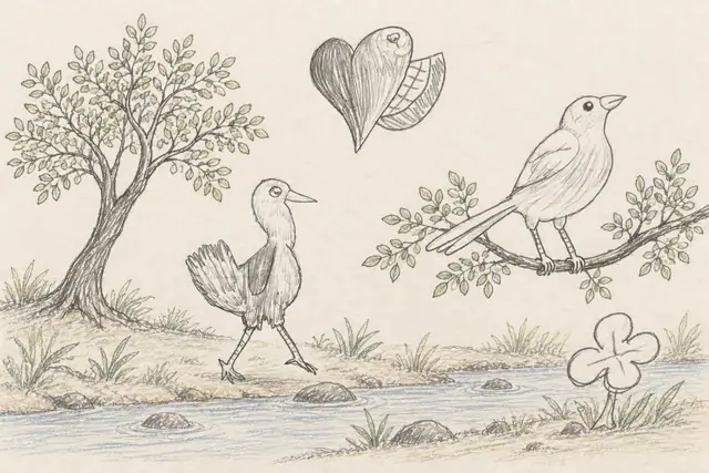 A long-tailed songbird and a striding fan-tailed bird meet below a floating heart-shaped bird beside a stream.
