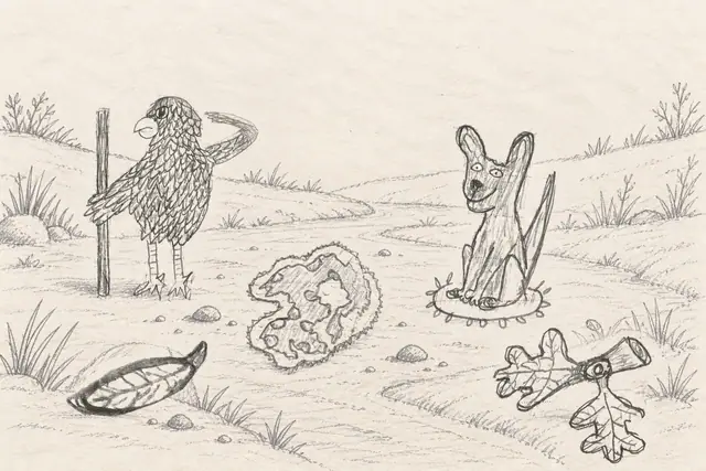 A feathered parrot holding a staff and a long-eared seated animal meet by a dry riverbed with patterned objects.