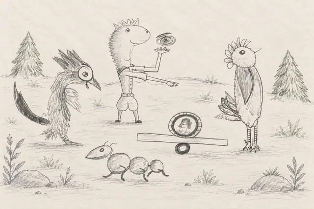 Pencil scene: An eccentric balancing lesson in a clearing: an eye-balancing dressed reptile demonstrates while two elaborate crested birds watch.