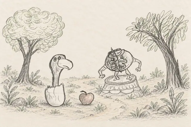 An egg-bound long-necked hatchling meets a leaf-armored creature between two orchard trees.